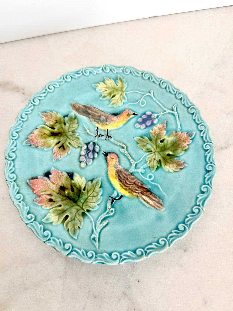 Antique Georg Schmider Zell German Majolica Bird & Grape Plate in Turquoise, 6.5"