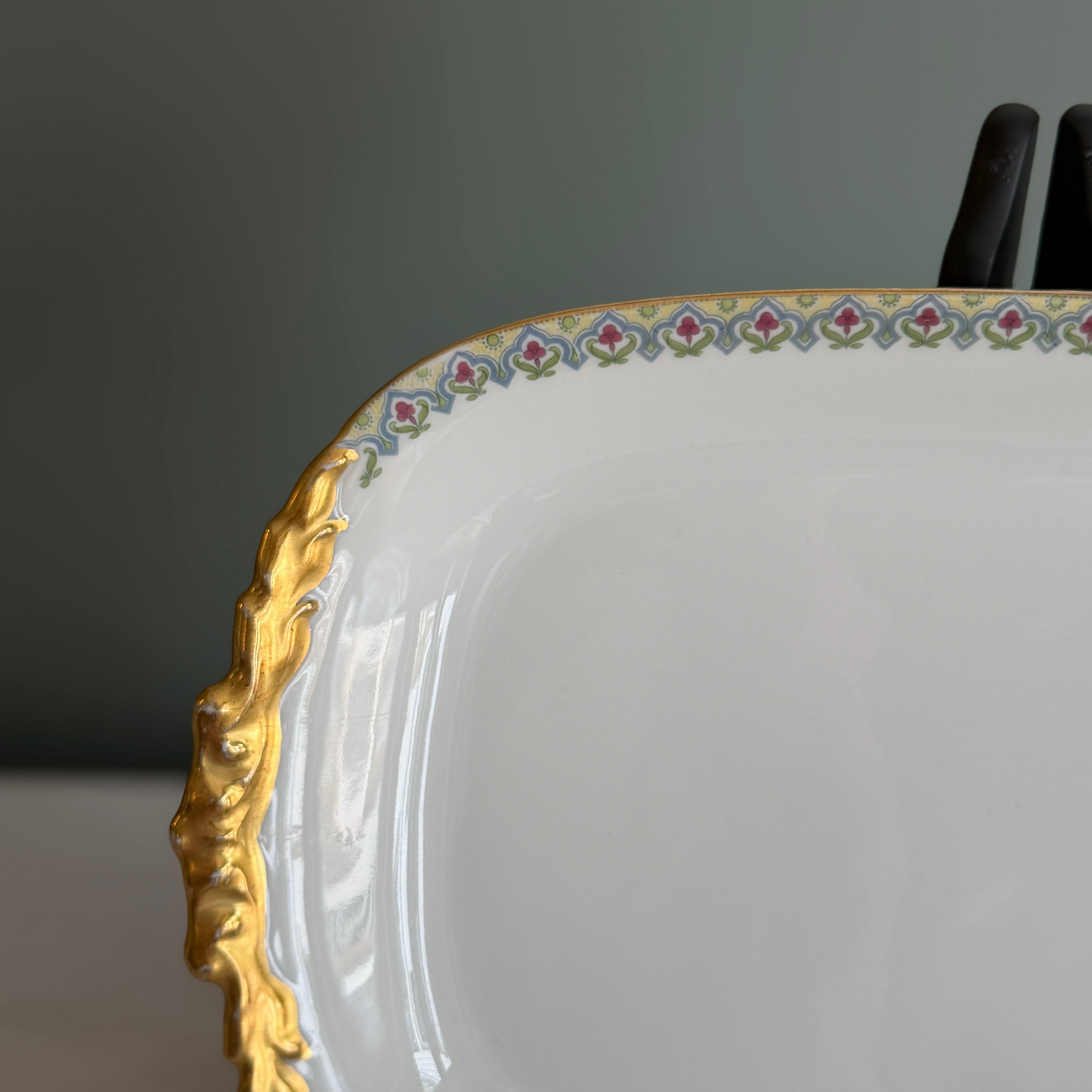 Antique c.1900 JPL Limoges France Porcelain Serving Platter 12"| Hand-painted Floral Trim with Gilt Gold Handles| POY125