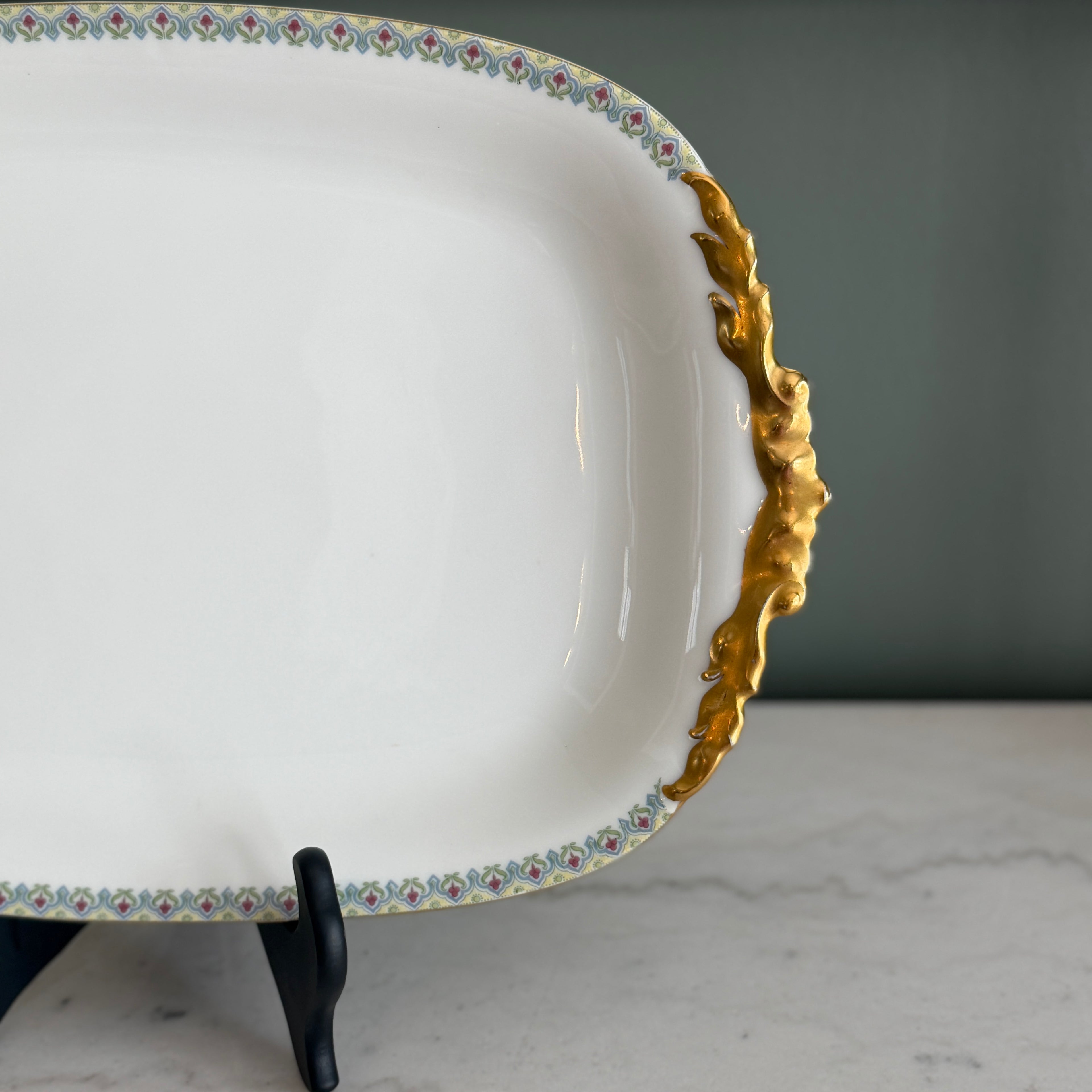 Antique c.1900 JPL Limoges France Porcelain Serving Platter 17"| Hand-painted Floral Trim with Gilt Gold Handles| POY125