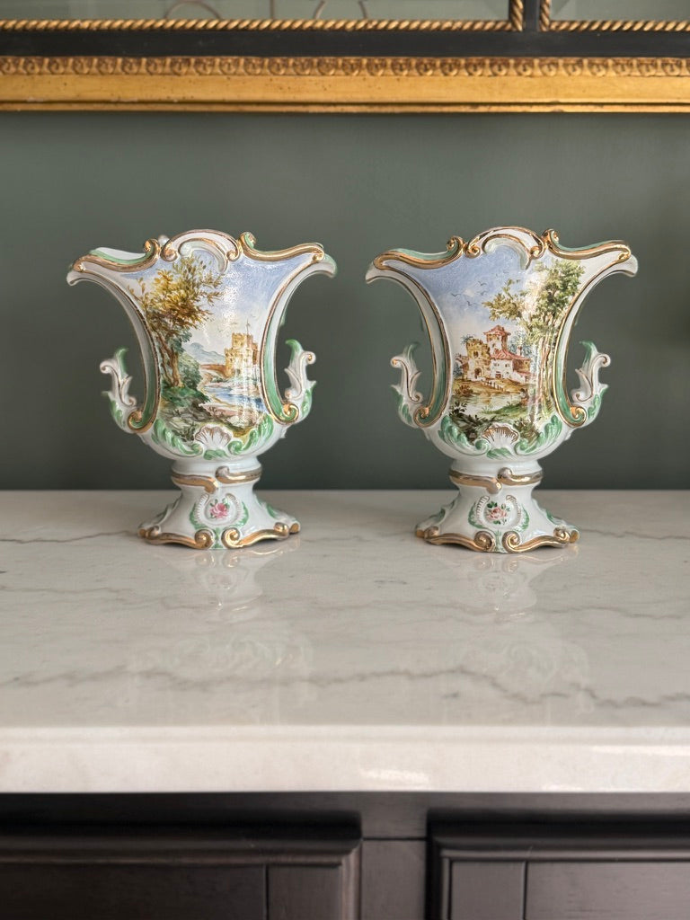 Pair of Ugo Zaccagnini Hand Painted Capodimonte Style Porcelain Vases 8”