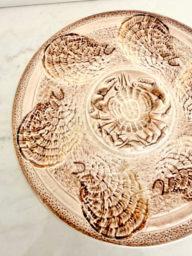 Vintage Sarreguemines French Majolica Oyster Plate with Crab Motif, 10"