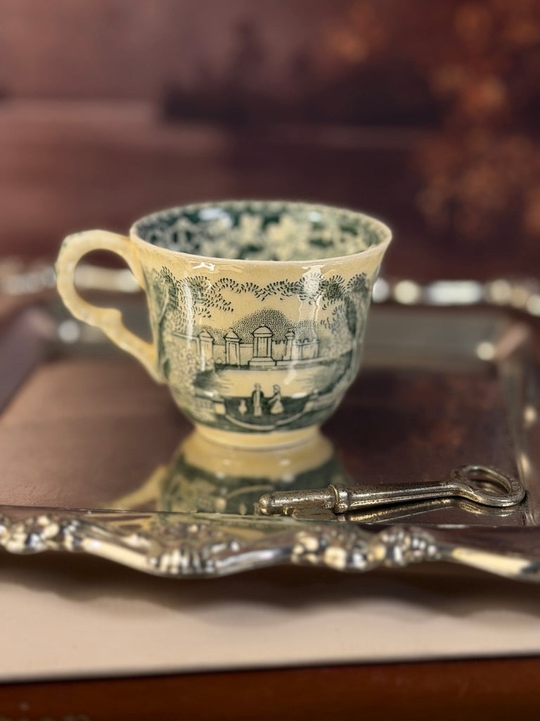 Antique RARE Green Transferware Mason's Vista Demitasse Teacup