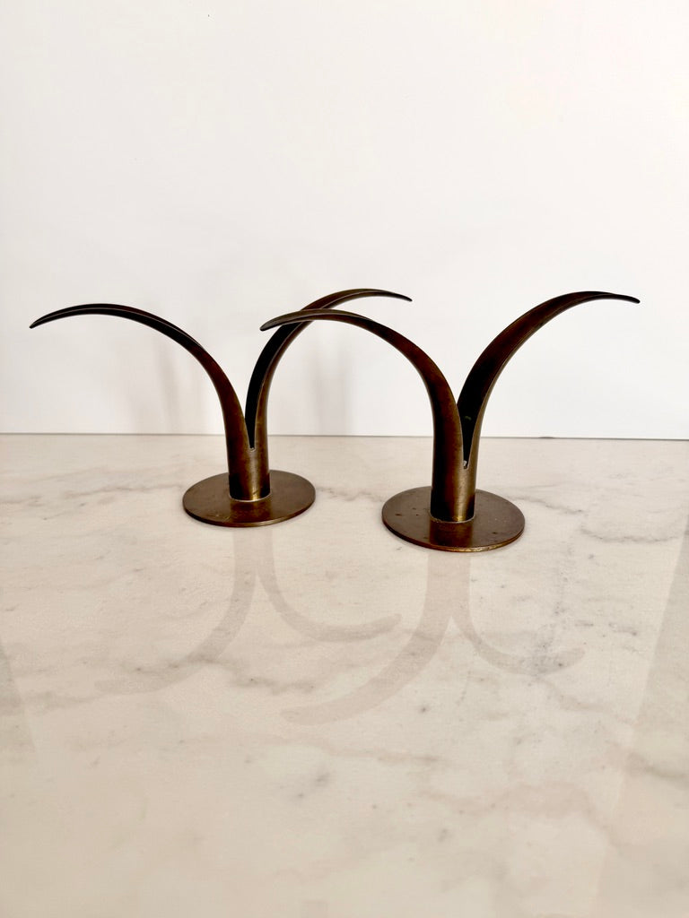 Vintage Pair of Ystad-Metall Sweden Brass Lily Candlestick Holders by Ivar Alenius Björk