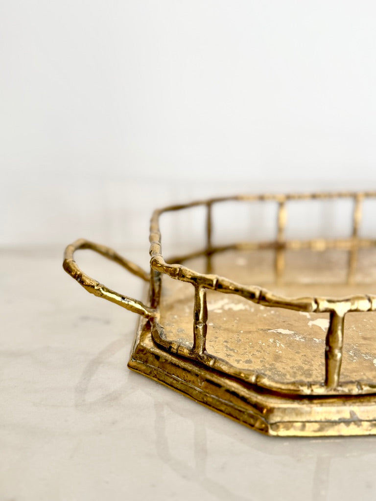 Vintage Brass Faux Bamboo Octagonal Tray, 14"