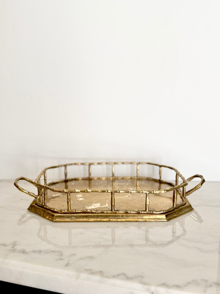 Vintage Brass Faux Bamboo Octagonal Tray, 14"