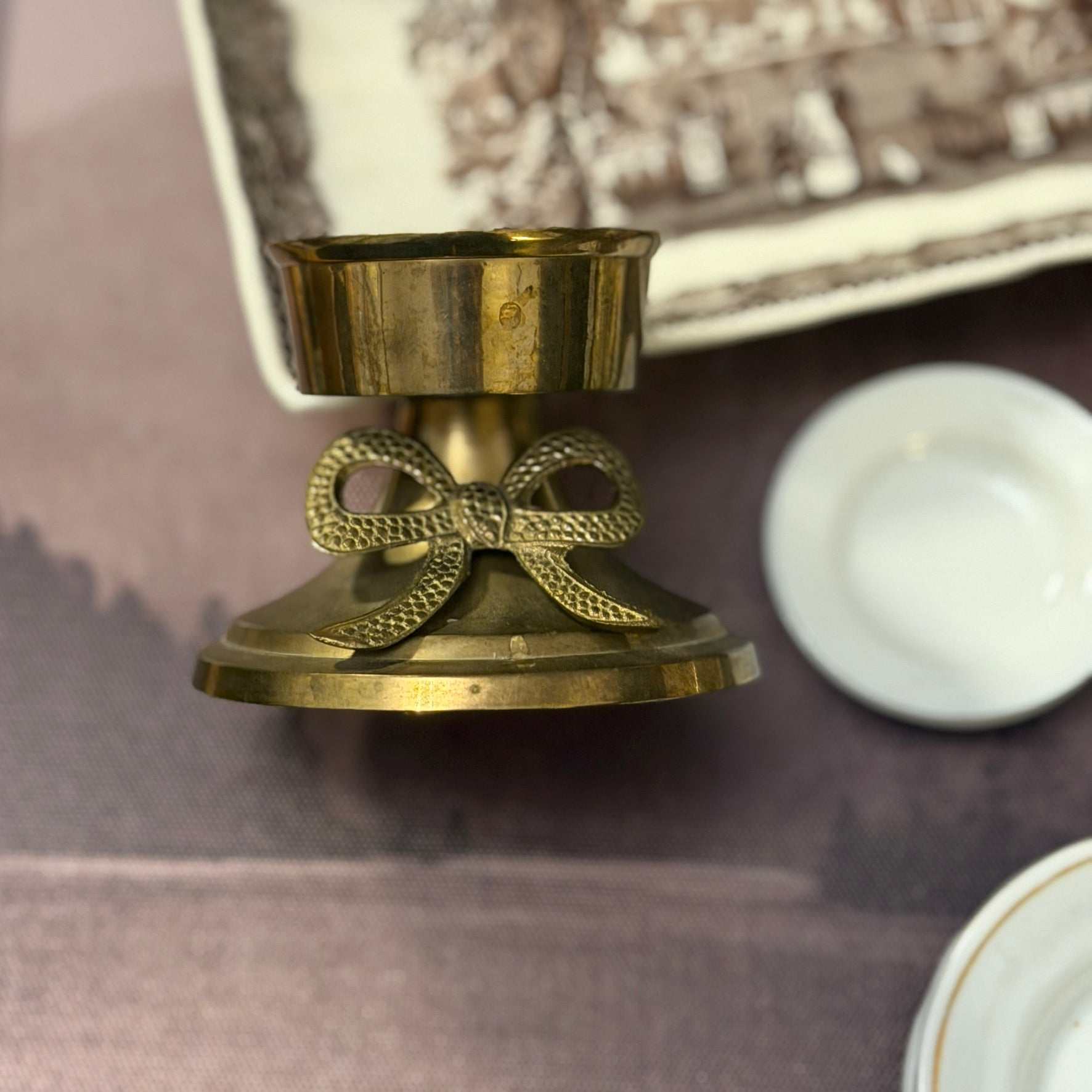 Vintage Brass Bow Candlestick Holder