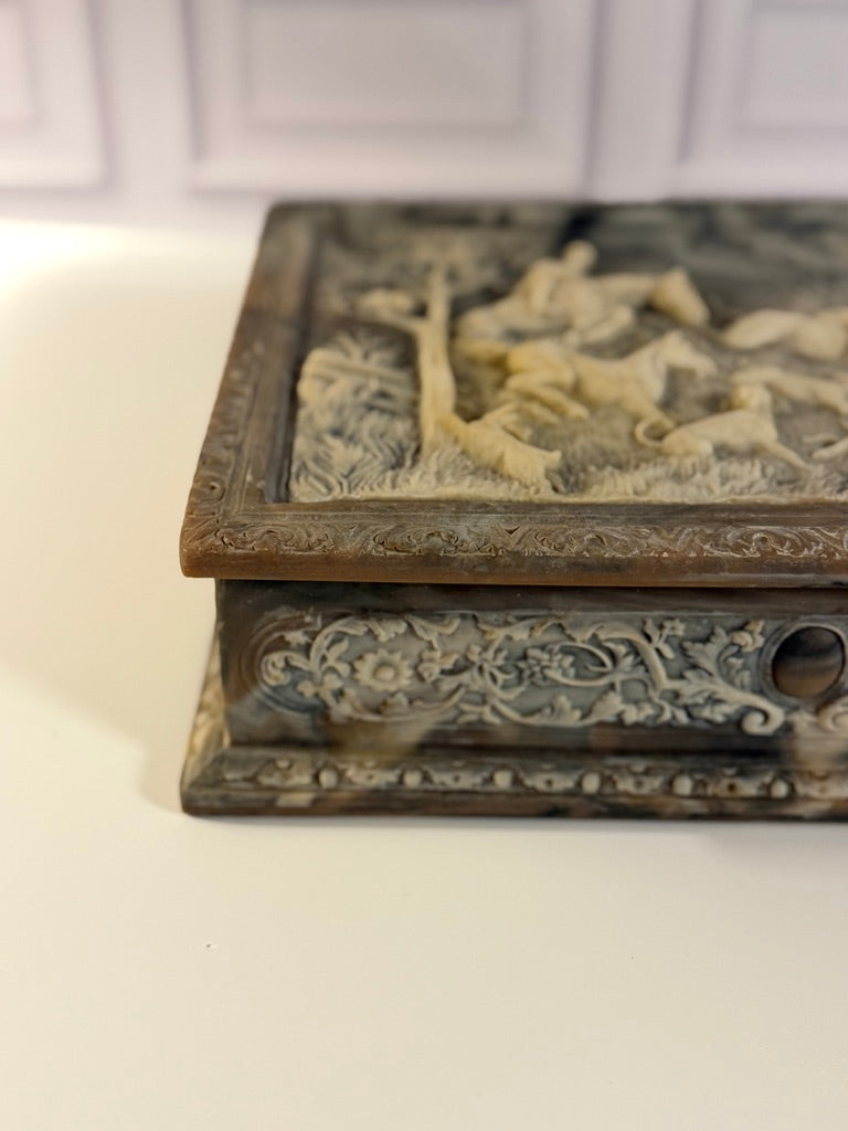 Vintage Italian Incolay Stone Box with Hunting Scene Motif