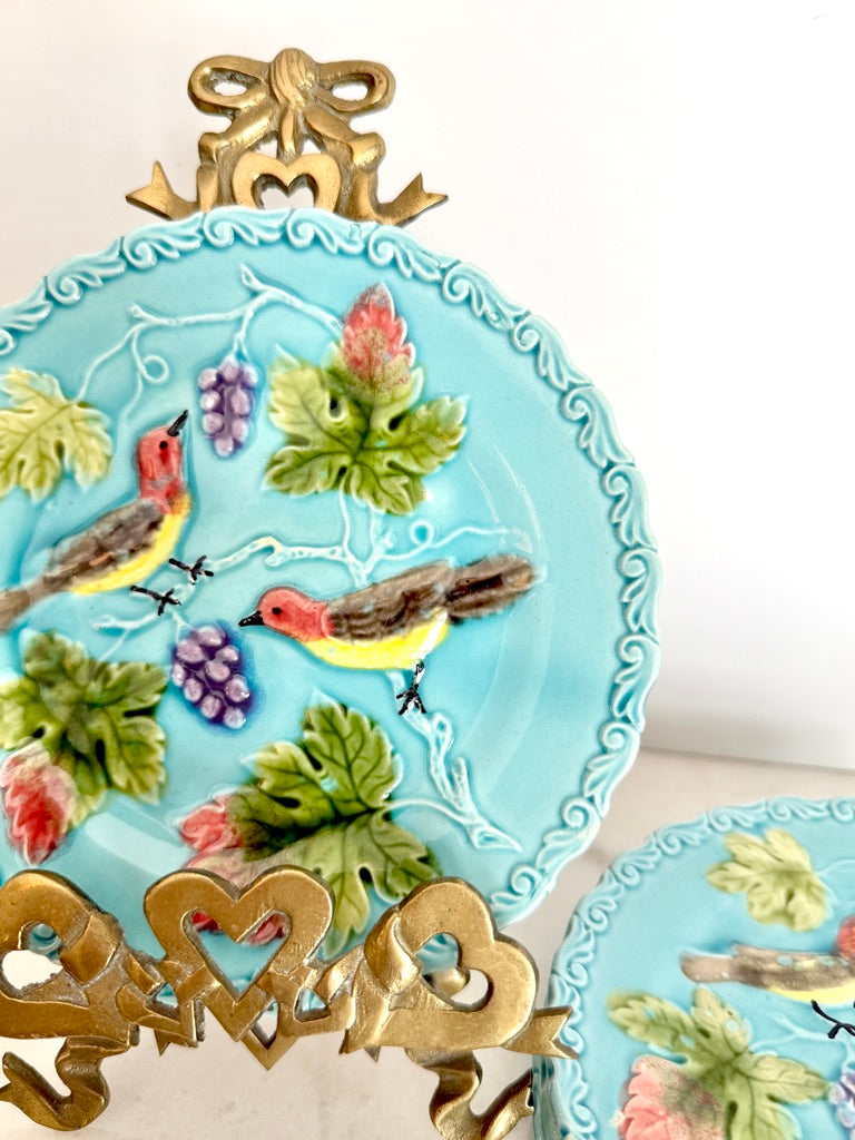 Antique Georg Schmider Zell German Majolica Bird & Grape Plate in Turquoise, 6.5"