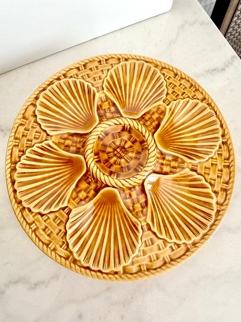 Vintage Longchamp French Majolica Oyster Serving Dish, Brown Shells, 9.5"
