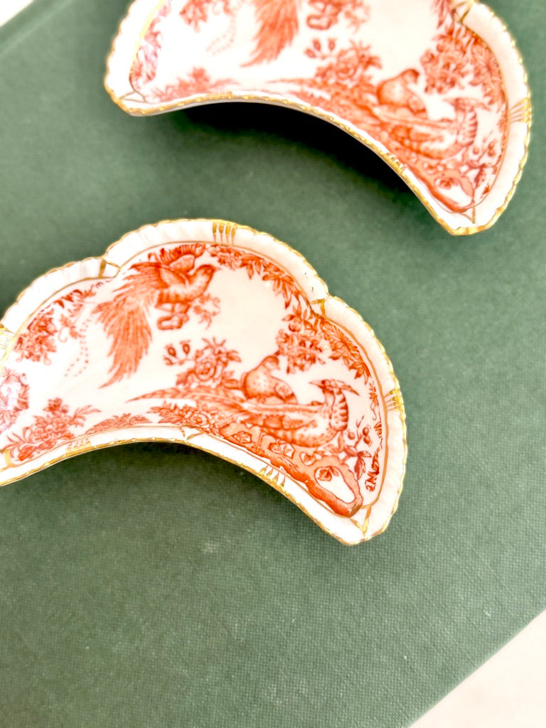 Royal Crown Derby English Fine Bone China Crescent Dishes, Red Aves Pattern