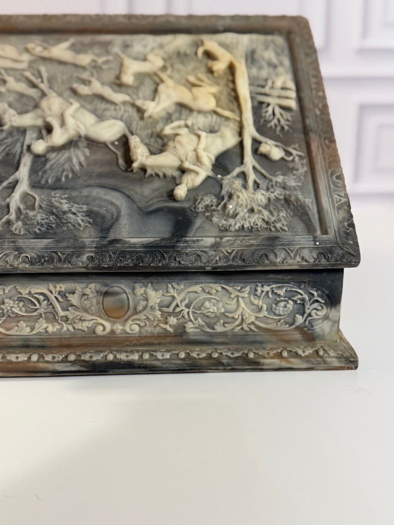 Vintage Italian Incolay Stone Box with Hunting Scene Motif