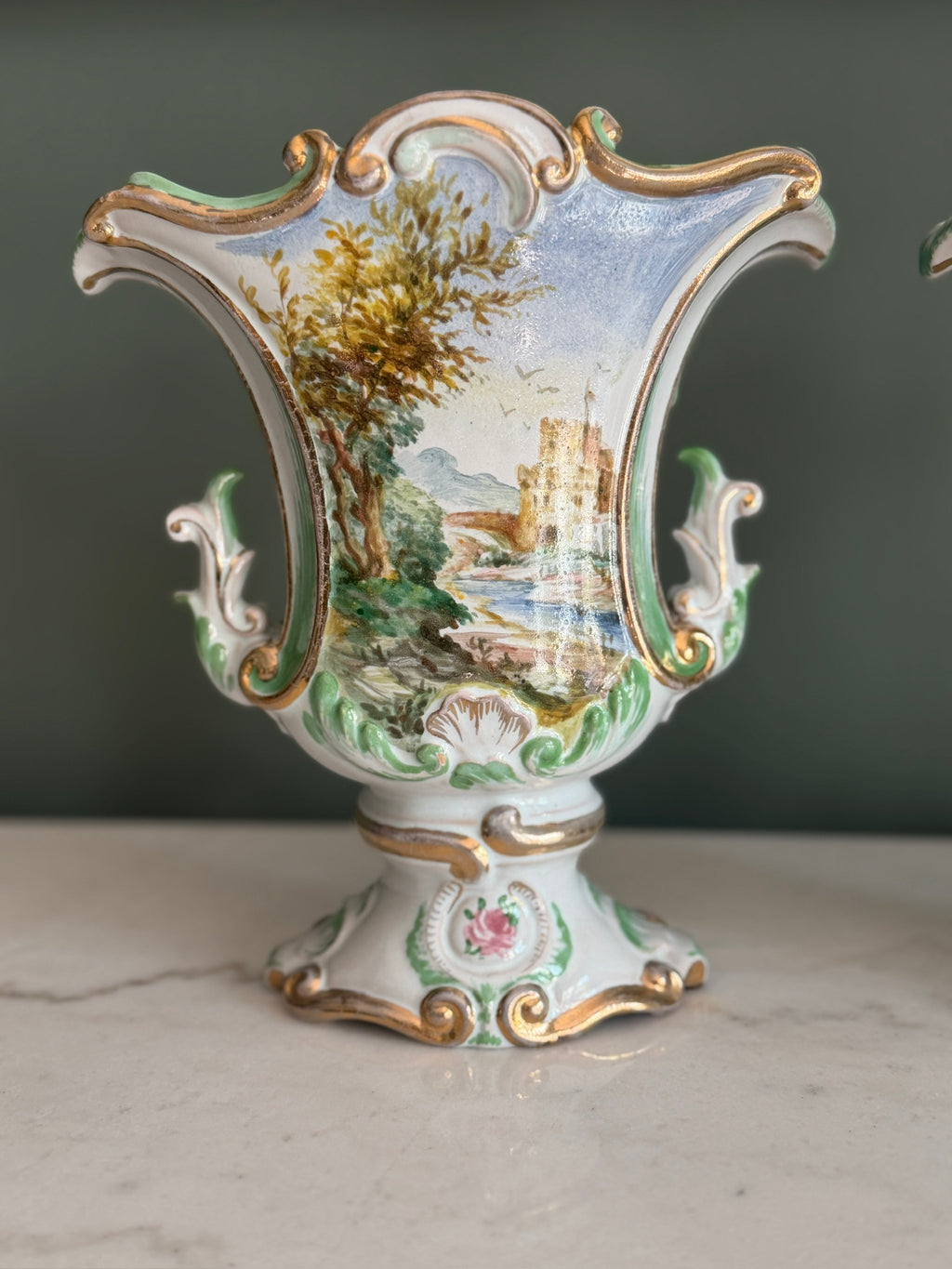 Pair of Ugo Zaccagnini Hand Painted Capodimonte Style Porcelain Vases 8”