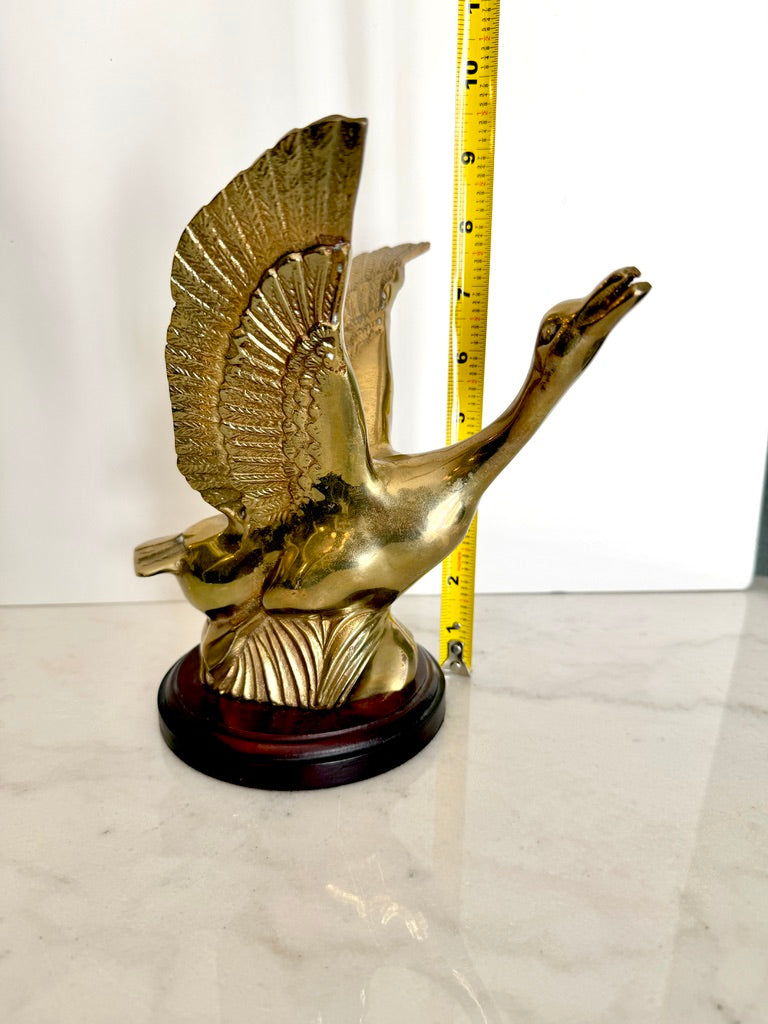 Vintage Solid Brass Flying Goose Duck Statue on Wood Base Figurine
