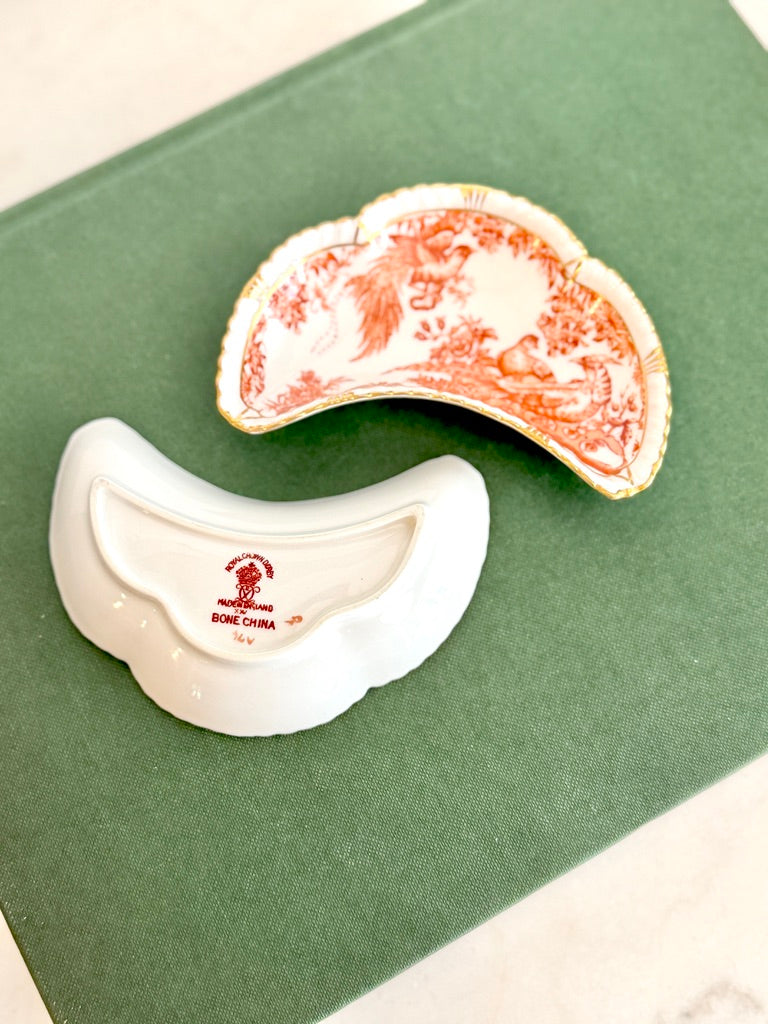 Royal Crown Derby English Fine Bone China Crescent Dishes, Red Aves Pattern