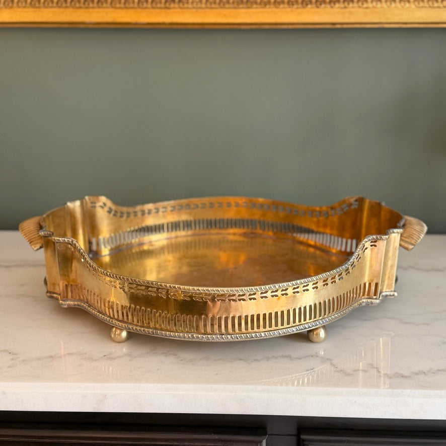 Vintage Brass Reticulated Pierced Gallery Oval Handled Vanity Serving Tray