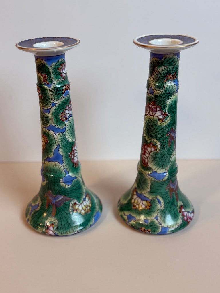 Pair of Vintage Chinoiserie Famille Verte Lotus Leaf Porcelain Candlesticks Holders – 10”