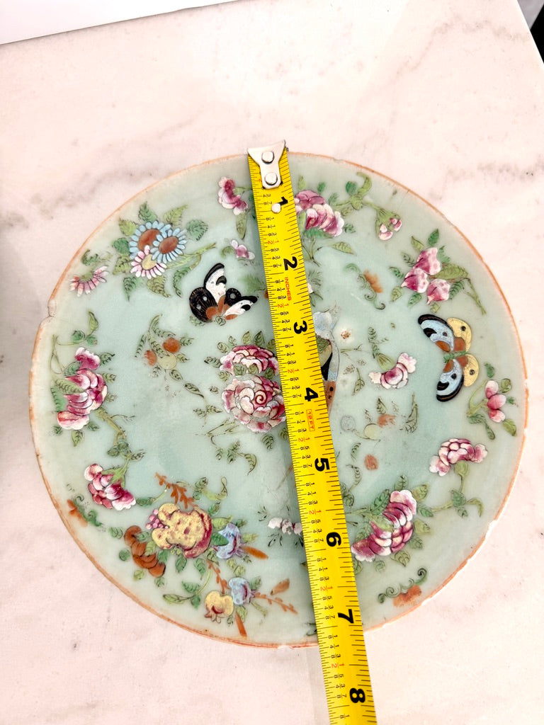 Antique Chinese Export Celadon Famille Rose Plate, Birds & Butterflies, 7.5"