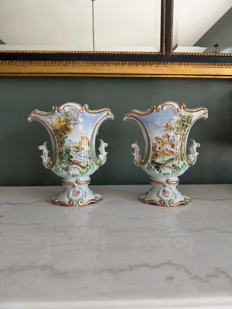 Pair of Ugo Zaccagnini Hand Painted Capodimonte Style Porcelain Vases 8”