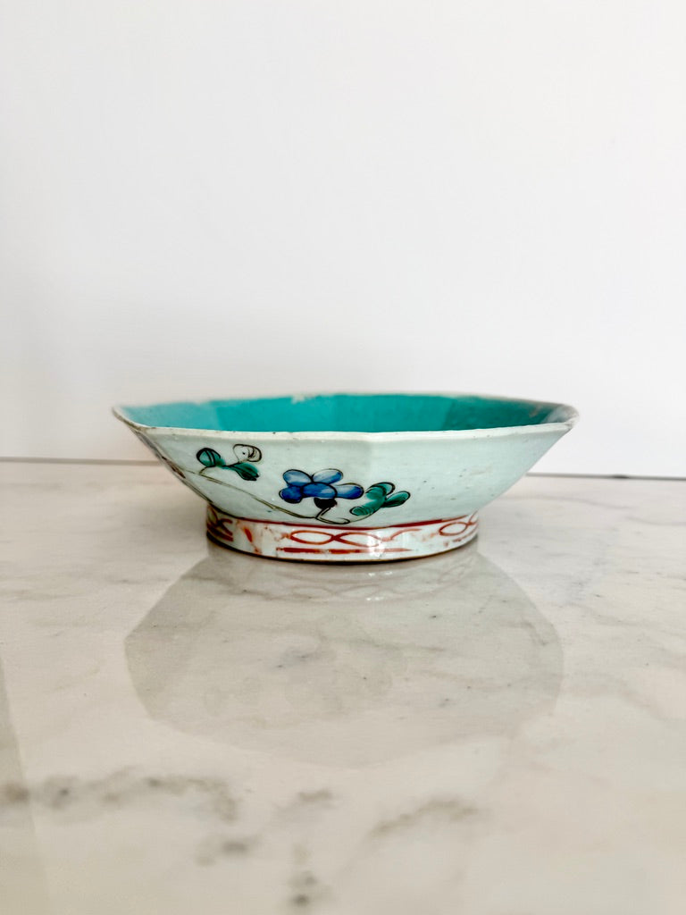 Antique Qing Dynasty Famille Rose Octagonal Bowl, 8"