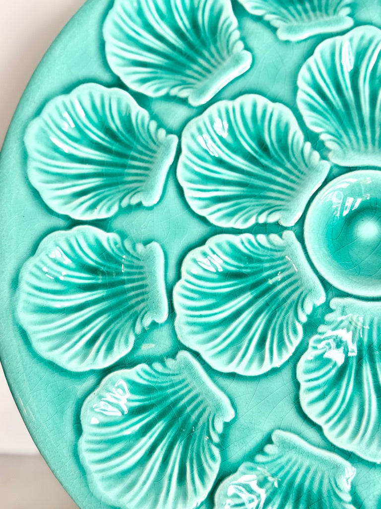 Vintage French Porcelain Turquoise Oyster Plate, 12"