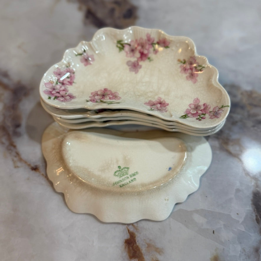 Vintage Johnson Bros England Pink Flowers Crescent Bone Dish