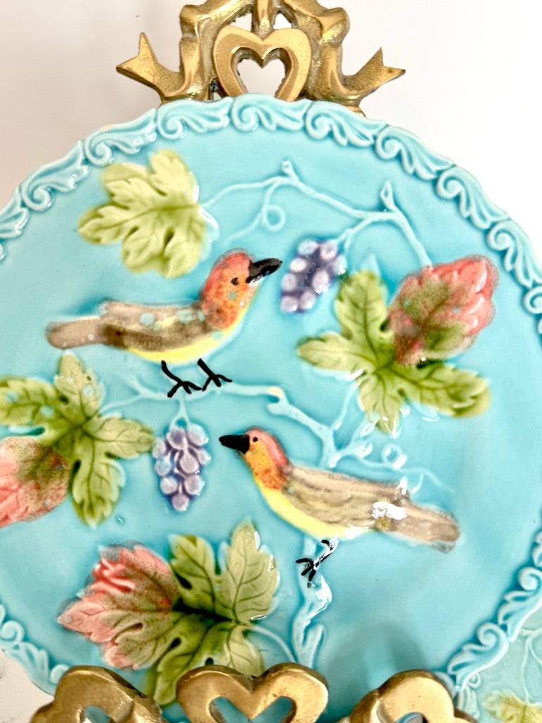 Antique Georg Schmider Zell German Majolica Bird & Grape Plate in Turquoise, 6.5"