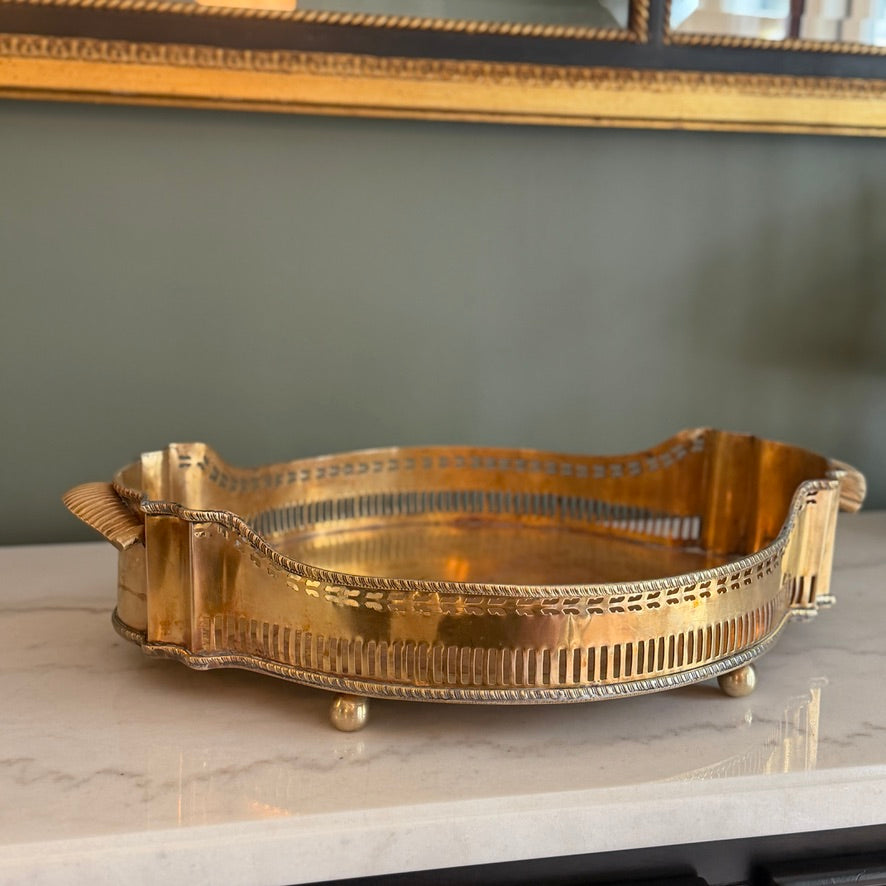Vintage Brass Reticulated Pierced Gallery Oval Handled Vanity Serving Tray