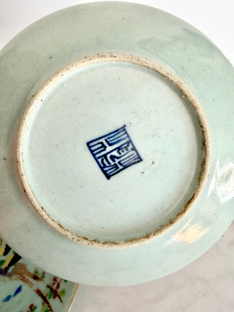 Antique Chinese Export Celadon Famille Rose Plate, Birds & Butterflies, 7.5"