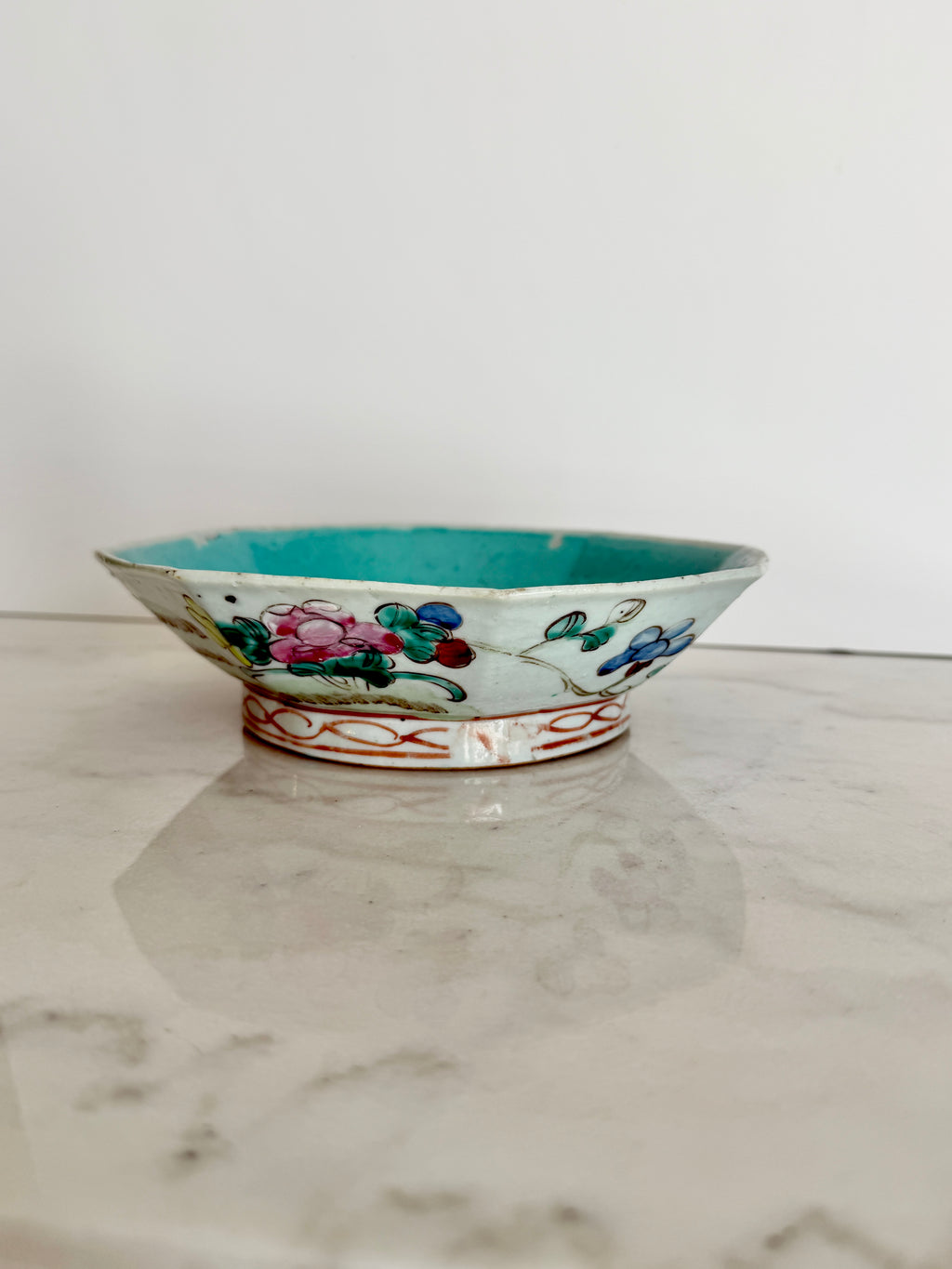 Antique Qing Dynasty Famille Rose Octagonal Bowl, 8"