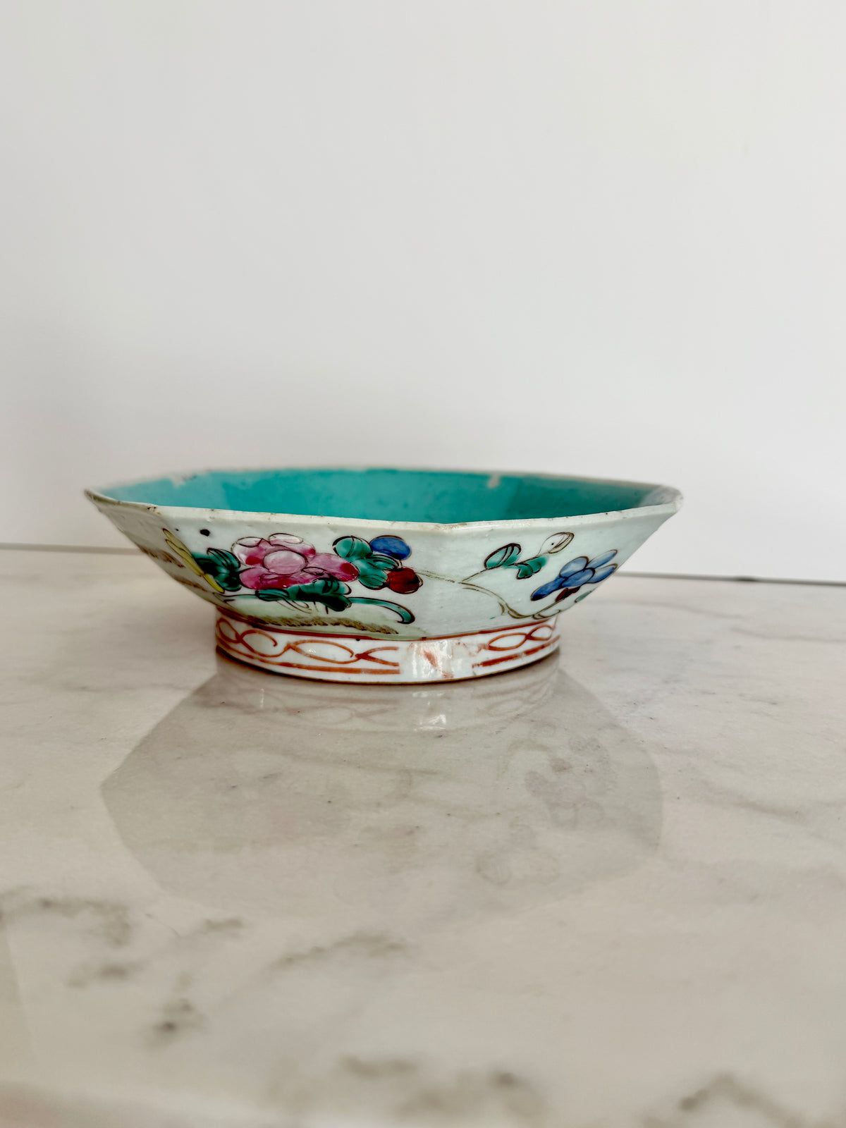 Antique Qing Dynasty Famille Rose Octagonal Bowl, 8"