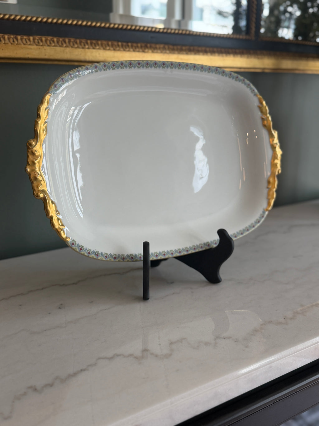 Antique c.1900 JPL Limoges France Porcelain Serving Platter 17"| Hand-painted Floral Trim with Gilt Gold Handles| POY125