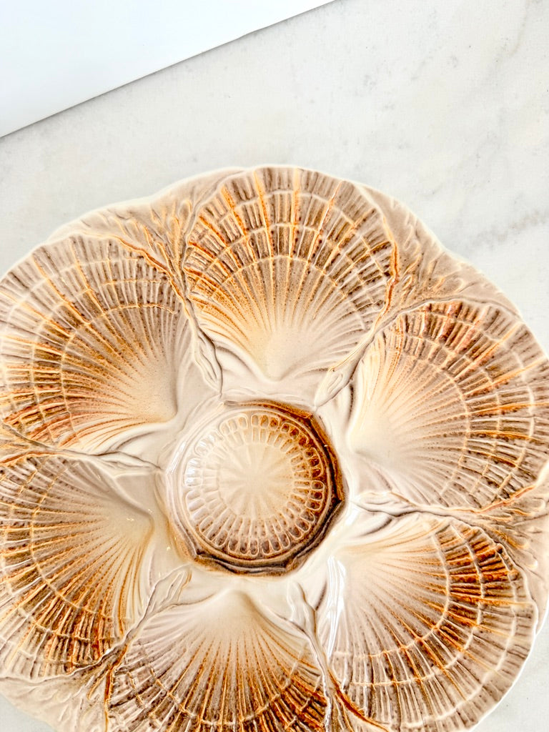Vintage Sarreguemines French Majolica Oyster Plate, Brown and Ivory, 9.5"