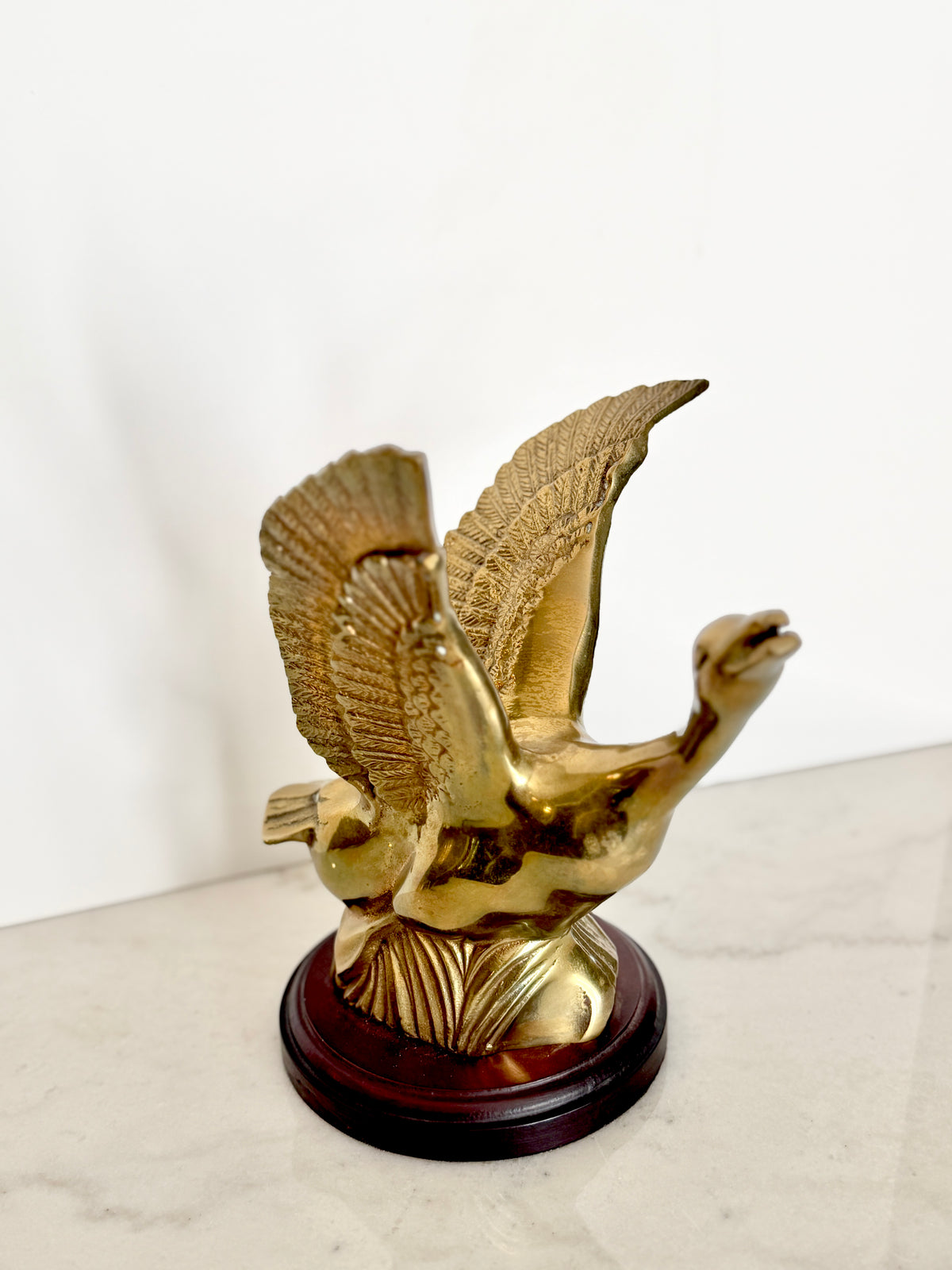 Vintage Solid Brass Flying Goose Duck Statue on Wood Base Figurine