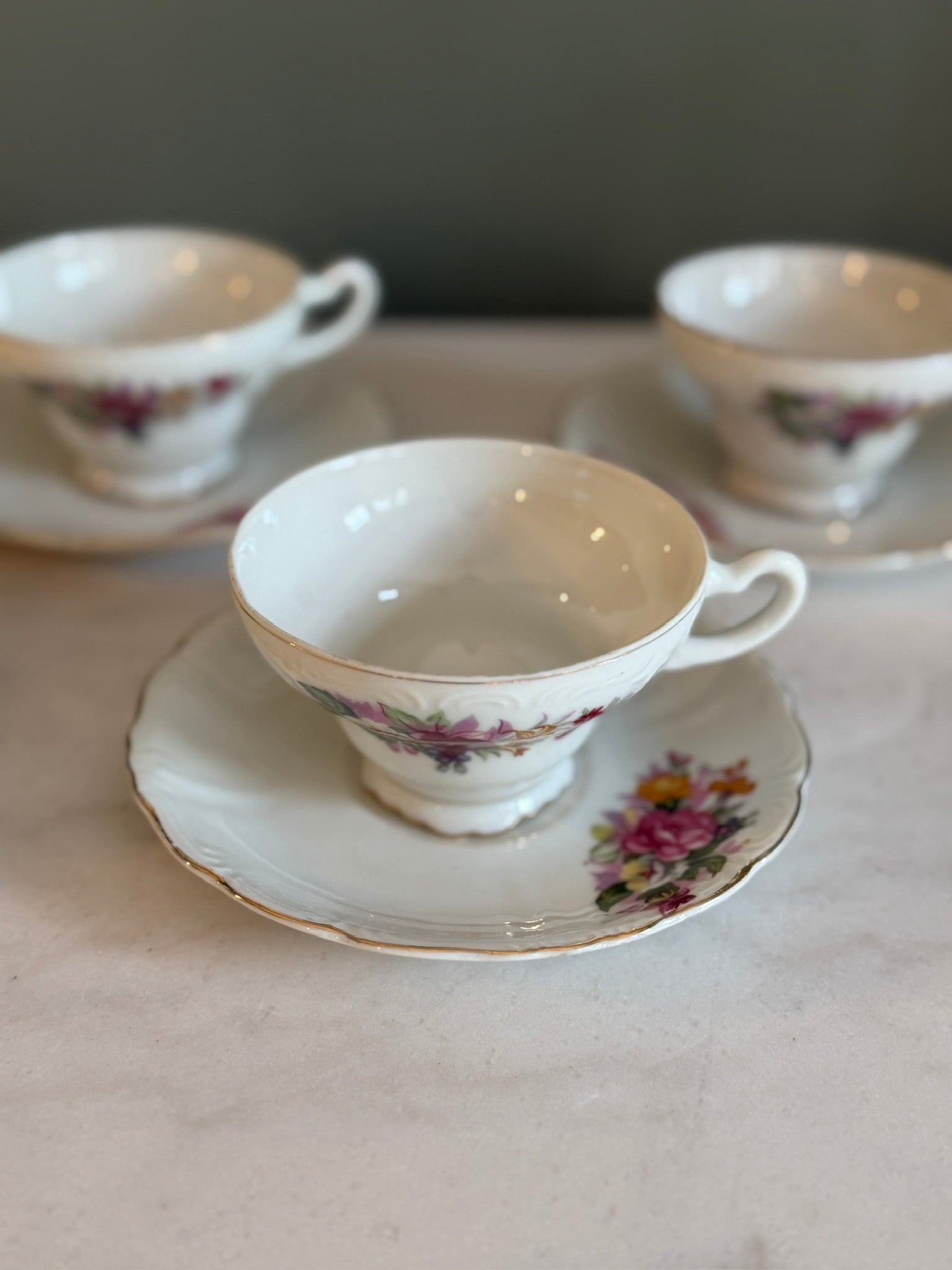 Vintage Footed Teacup and Saucer Roses and Lilies Gold Trim Made in Japan