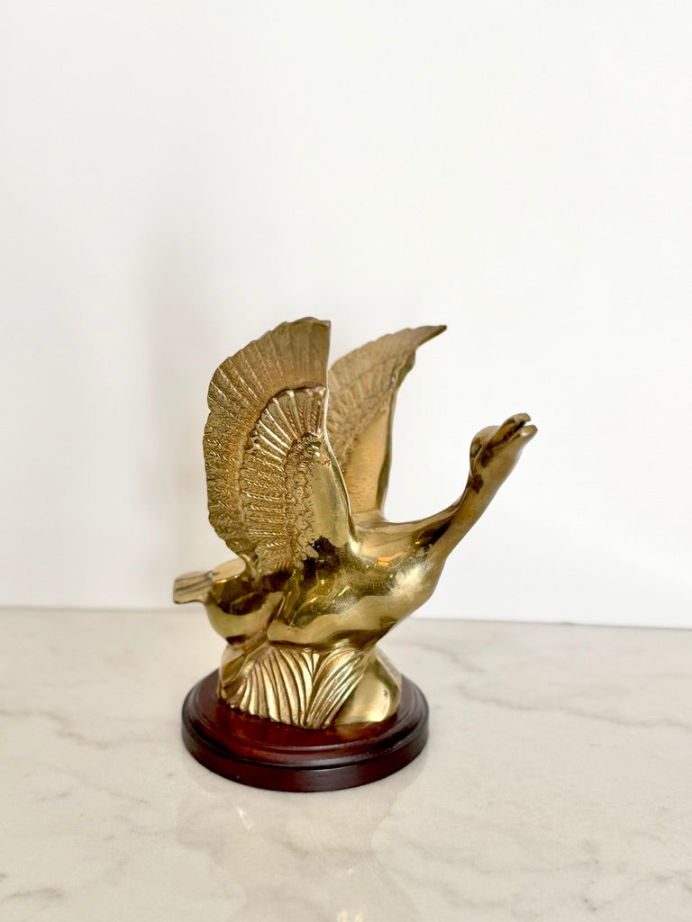 Vintage Solid Brass Flying Goose Duck Statue on Wood Base Figurine