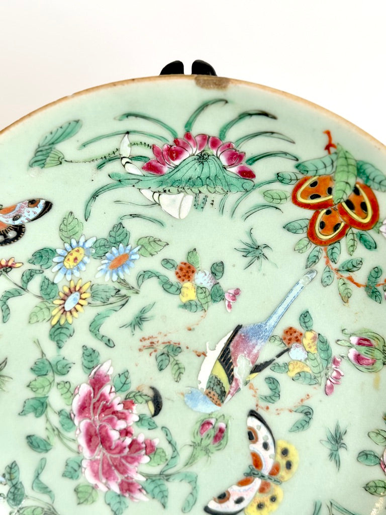 Antique Chinese Canton Famille Rose Celadon Plate 9.5"