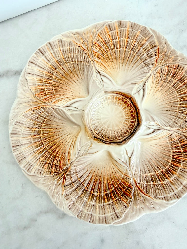 Vintage Sarreguemines French Majolica Oyster Plate, Brown and Ivory, 9.5"