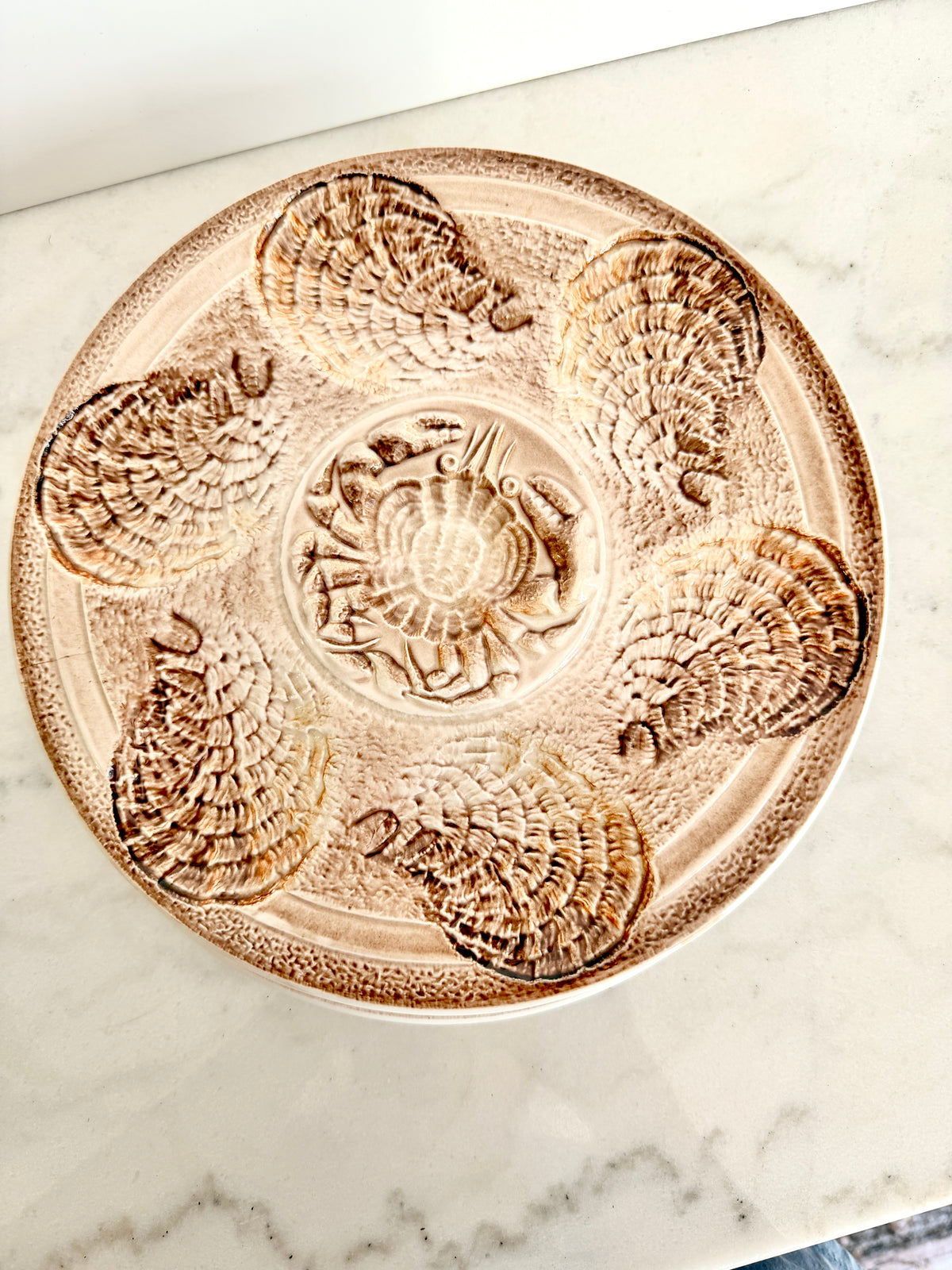 Vintage Sarreguemines French Majolica Oyster Plate with Crab Motif, 10"