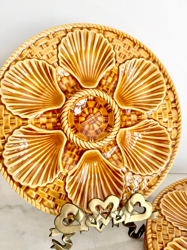 Vintage Longchamp French Majolica Oyster Serving Dish, Brown Shells, 9.5"
