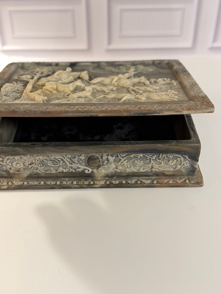 Vintage Italian Incolay Stone Box with Hunting Scene Motif