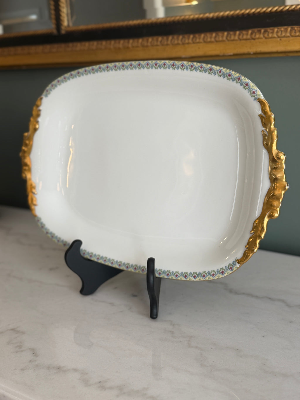 Antique c.1900 JPL Limoges France Porcelain Serving Platter 17"| Hand-painted Floral Trim with Gilt Gold Handles| POY125