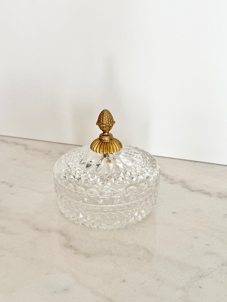 Antique French Cut Crystal Bonbonniere with Gilt Bronze Pineapple Finial
