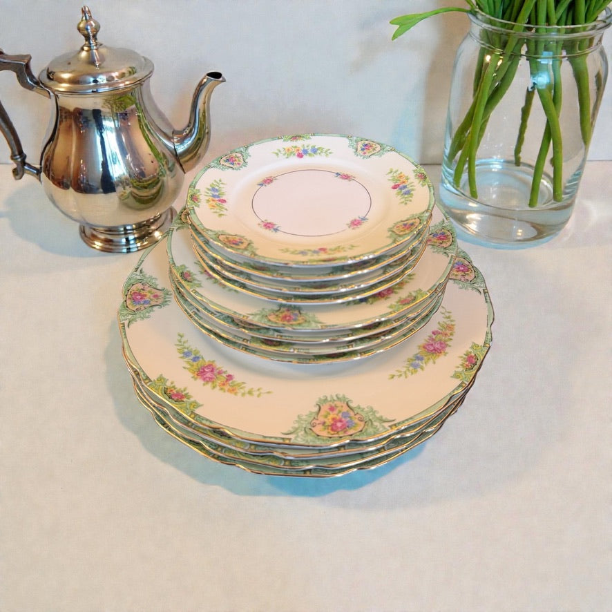 Vintage Floral China 12 Piece Dinnerware Set Green Rim Pink Flowers Cottagecore Plates for Spring Tablescape & Easter Entertaining