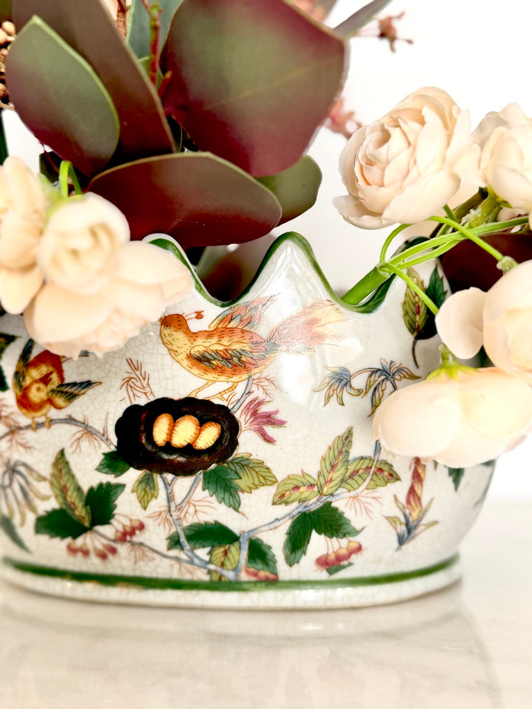 Vintage Wong Lee 1895 Porcelain Monteith Bowl, Crackle Glaze Bird Nest Planter