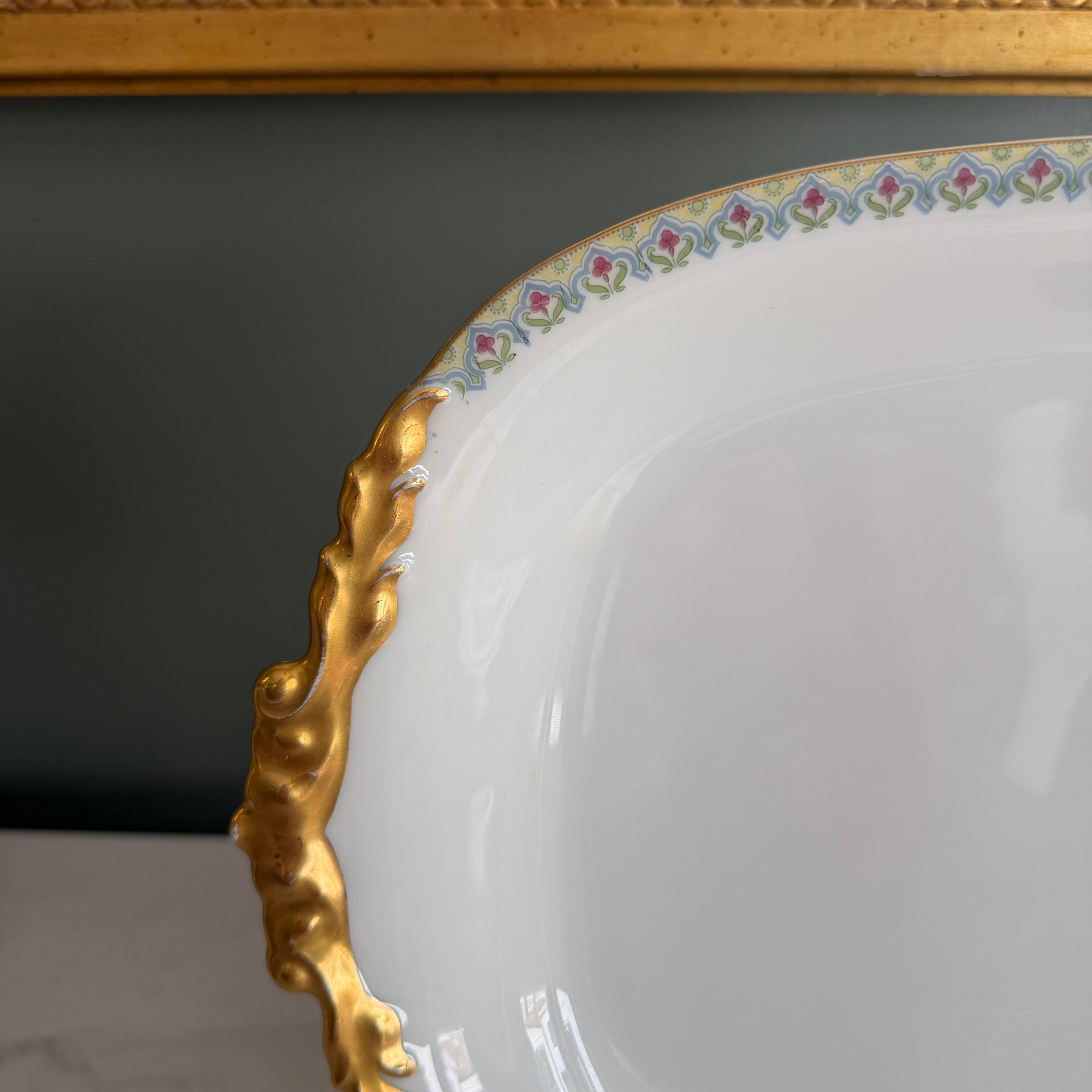 Antique c.1900 JPL Limoges France Porcelain Serving Platter 17"| Hand-painted Floral Trim with Gilt Gold Handles| POY125