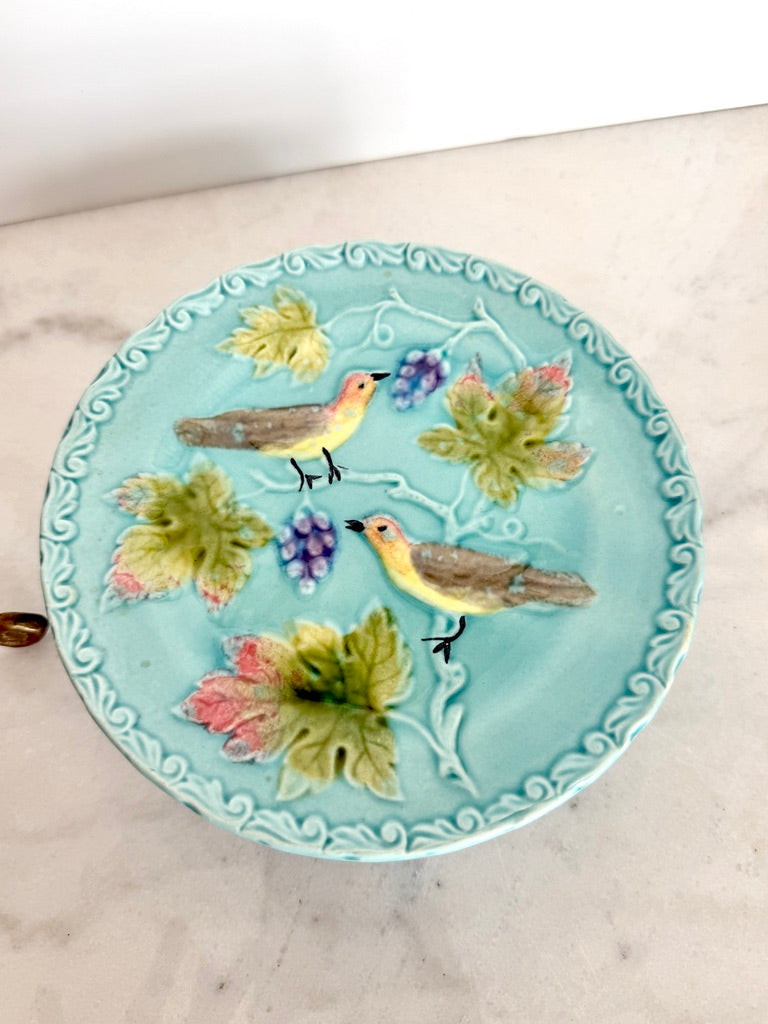Antique Georg Schmider Zell German Majolica Bird & Grape Plate in Turquoise, 6.5"
