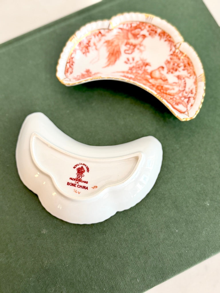 Royal Crown Derby English Fine Bone China Crescent Dishes, Red Aves Pattern