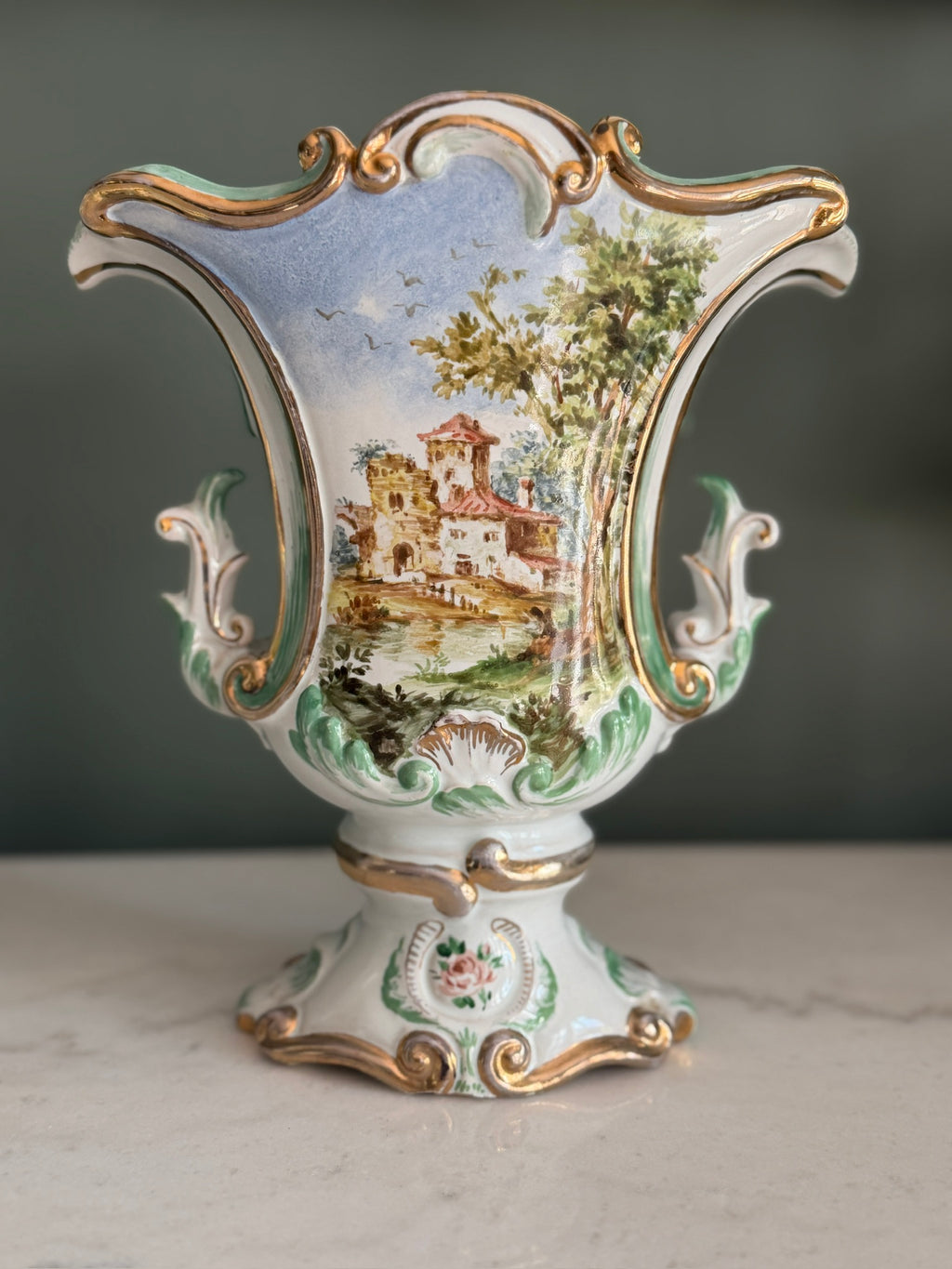 Pair of Ugo Zaccagnini Hand Painted Capodimonte Style Porcelain Vases 8”