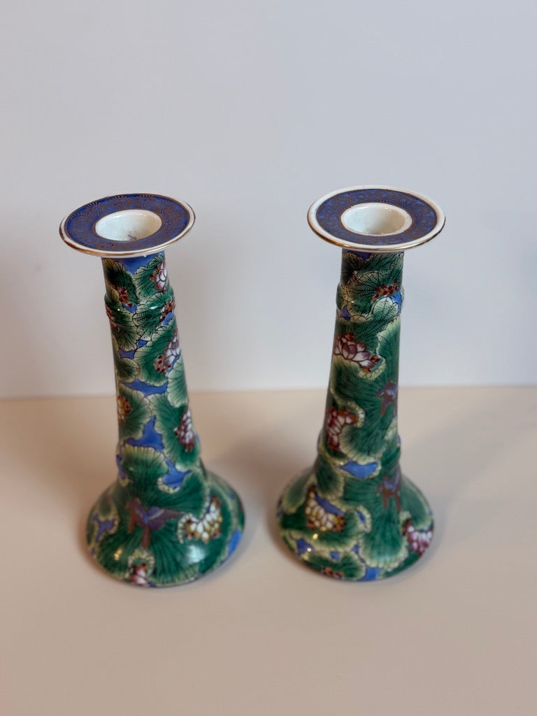 Pair of Vintage Chinoiserie Famille Verte Lotus Leaf Porcelain Candlesticks Holders – 10”