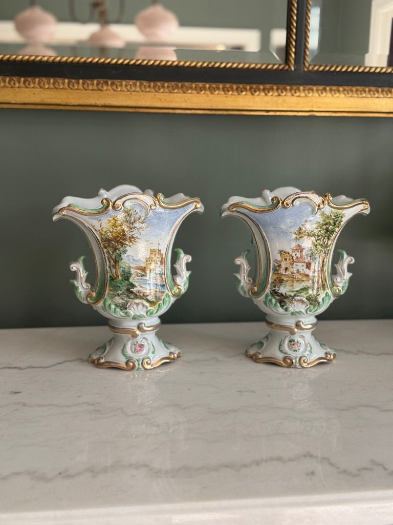 Pair of Ugo Zaccagnini Hand Painted Capodimonte Style Porcelain Vases 8”